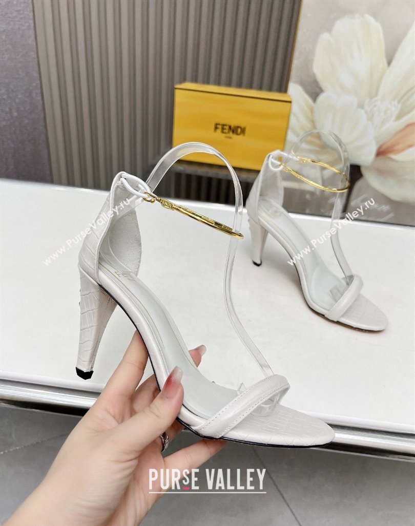 Fendi Filo high-heeled sandals 9cm in stone-Embossed Leather with Anklet White 2024 (MD-240604159)