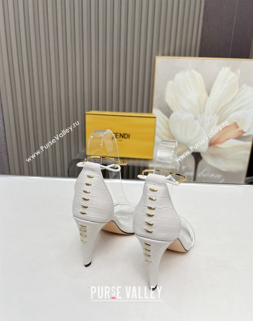 Fendi Filo high-heeled sandals 9cm in stone-Embossed Leather with Anklet White 2024 (MD-240604159)