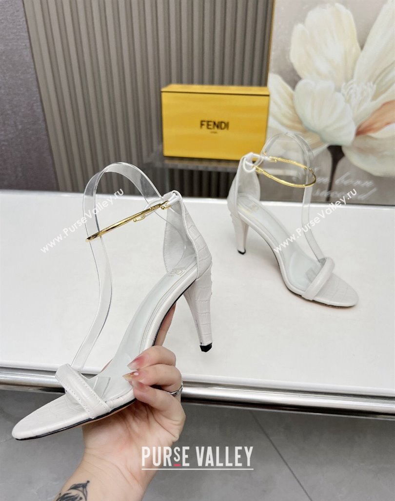 Fendi Filo high-heeled sandals 9cm in stone-Embossed Leather with Anklet White 2024 (MD-240604159)