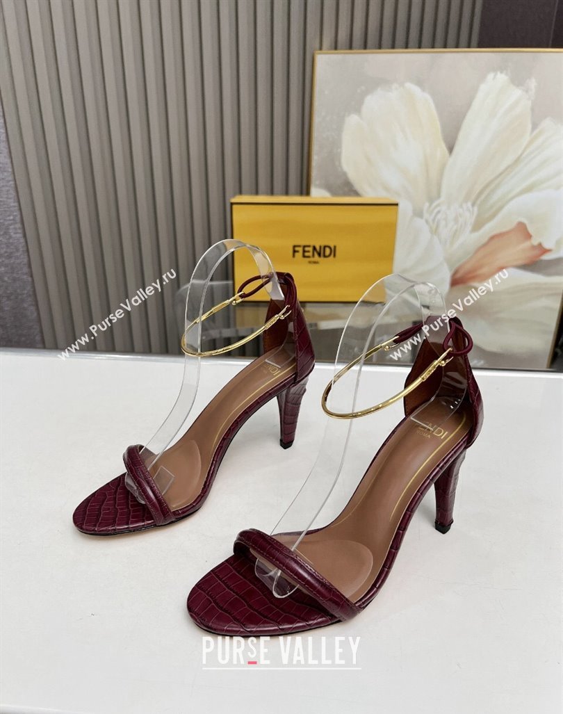 Fendi Filo high-heeled sandals 9cm in stone-Embossed Leather with Anklet Burgundy 2024 (MD-240604160)