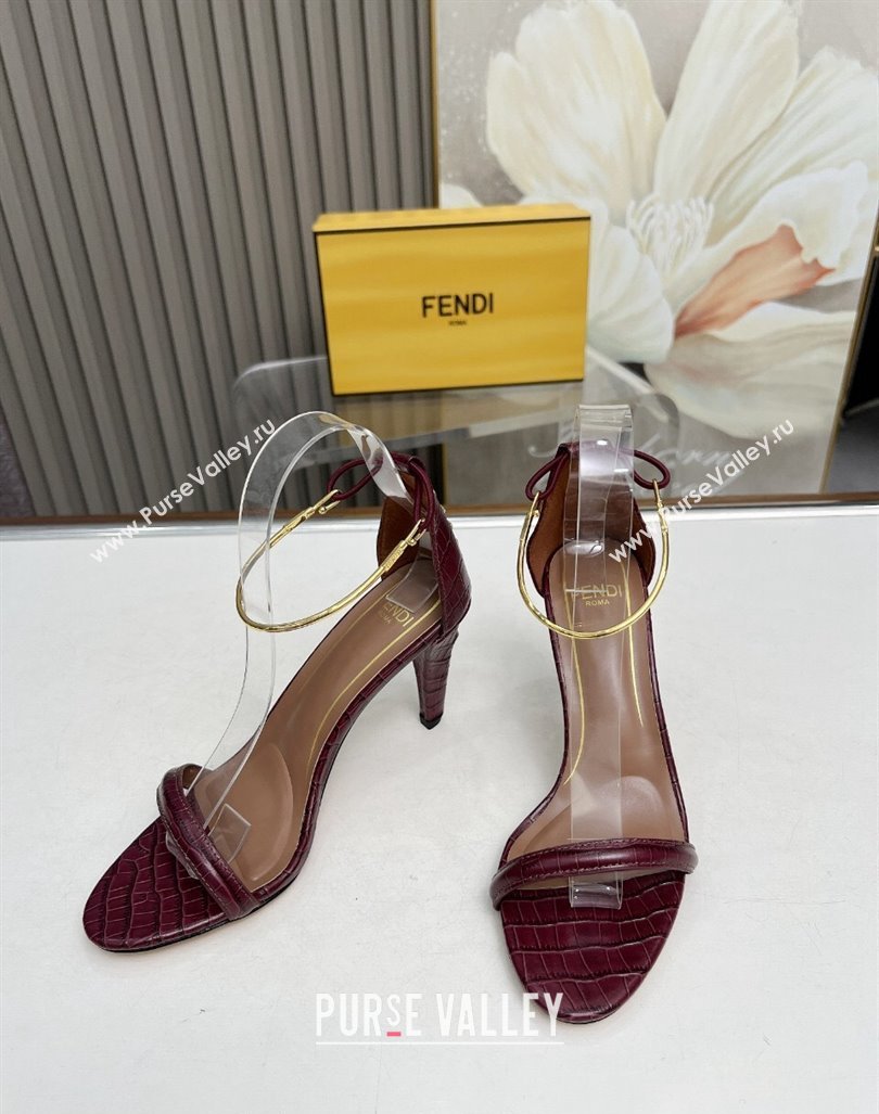 Fendi Filo high-heeled sandals 9cm in stone-Embossed Leather with Anklet Burgundy 2024 (MD-240604160)