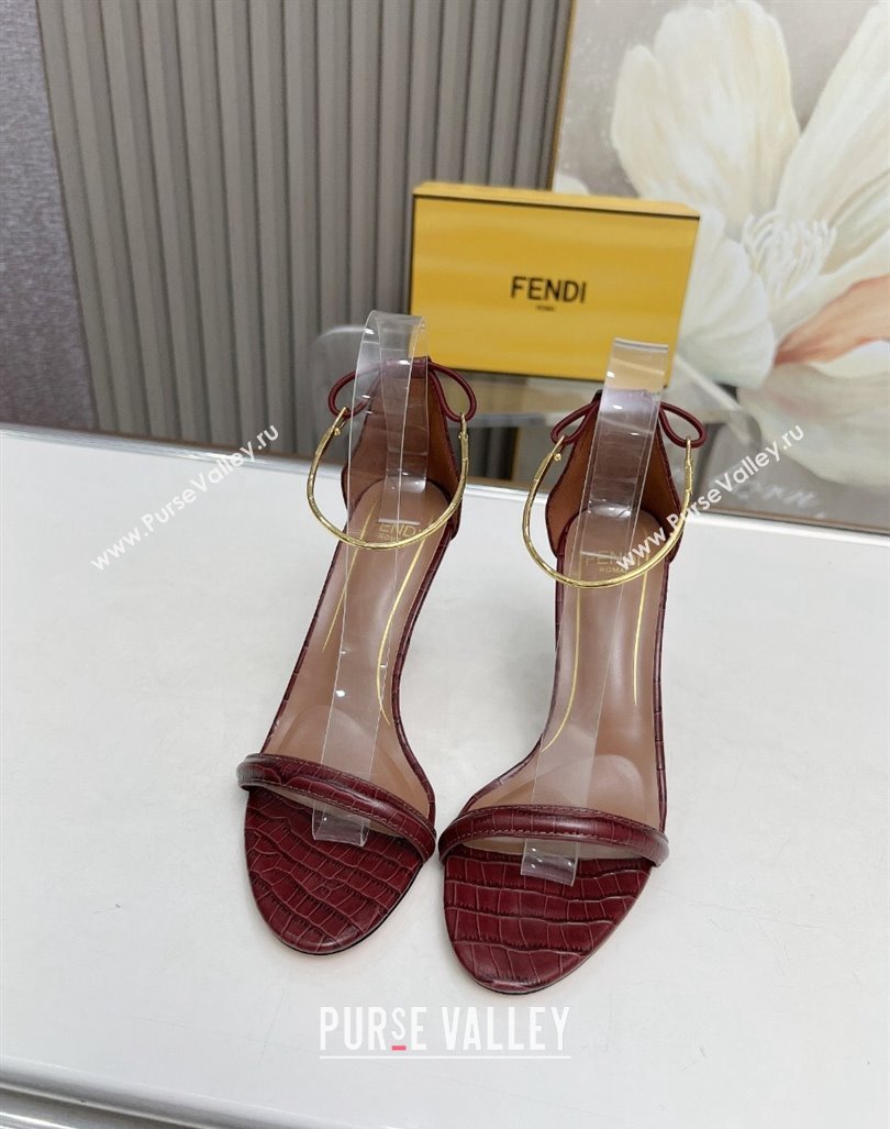 Fendi Filo high-heeled sandals 9cm in stone-Embossed Leather with Anklet Burgundy 2024 (MD-240604160)