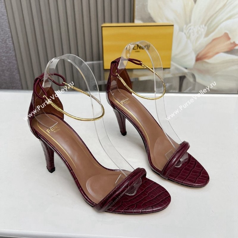 Fendi Filo high-heeled sandals 9cm in stone-Embossed Leather with Anklet Burgundy 2024 (MD-240604160)