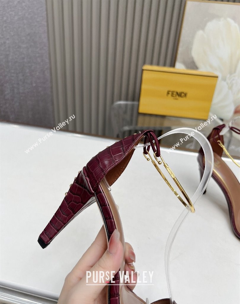 Fendi Filo high-heeled sandals 9cm in stone-Embossed Leather with Anklet Burgundy 2024 (MD-240604160)