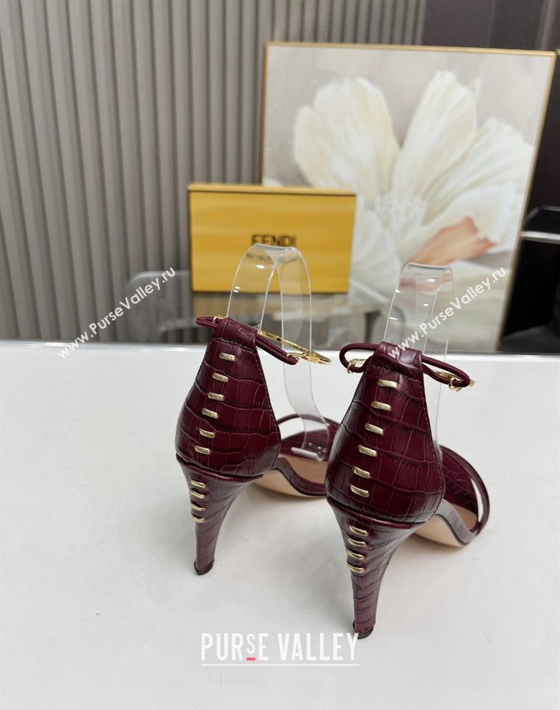 Fendi Filo high-heeled sandals 9cm in stone-Embossed Leather with Anklet Burgundy 2024 (MD-240604160)