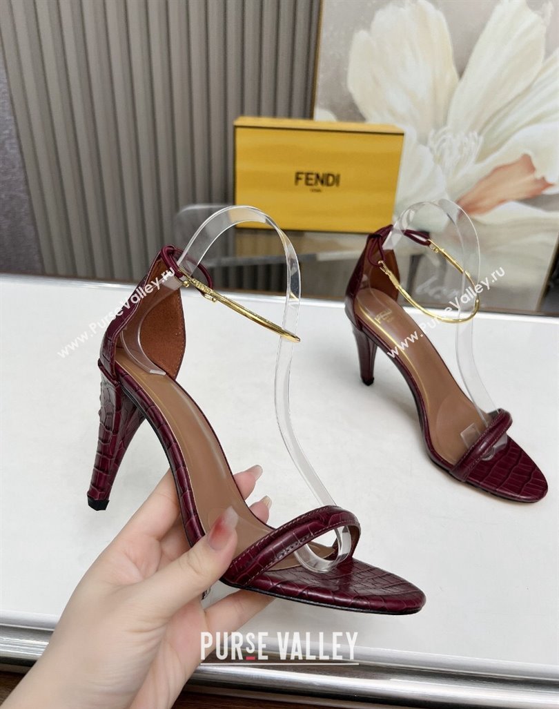 Fendi Filo high-heeled sandals 9cm in stone-Embossed Leather with Anklet Burgundy 2024 (MD-240604160)