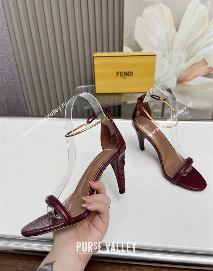 Fendi Filo high-heeled sandals 9cm in stone-Embossed Leather with Anklet Burgundy 2024 (MD-240604160)