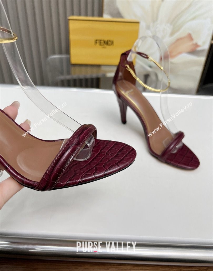 Fendi Filo high-heeled sandals 9cm in stone-Embossed Leather with Anklet Burgundy 2024 (MD-240604160)