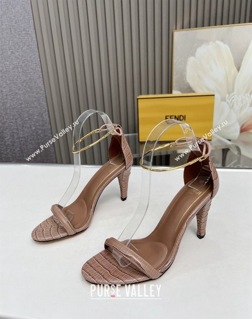 Fendi Filo high-heeled sandals 9cm in stone-Embossed Leather with Anklet Light Brown 2024 (MD-240604161)