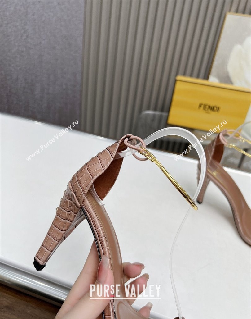 Fendi Filo high-heeled sandals 9cm in stone-Embossed Leather with Anklet Light Brown 2024 (MD-240604161)