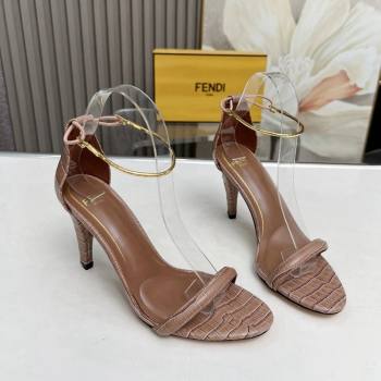 Fendi Filo high-heeled sandals 9cm in stone-Embossed Leather with Anklet Light Brown 2024 (MD-240604161)