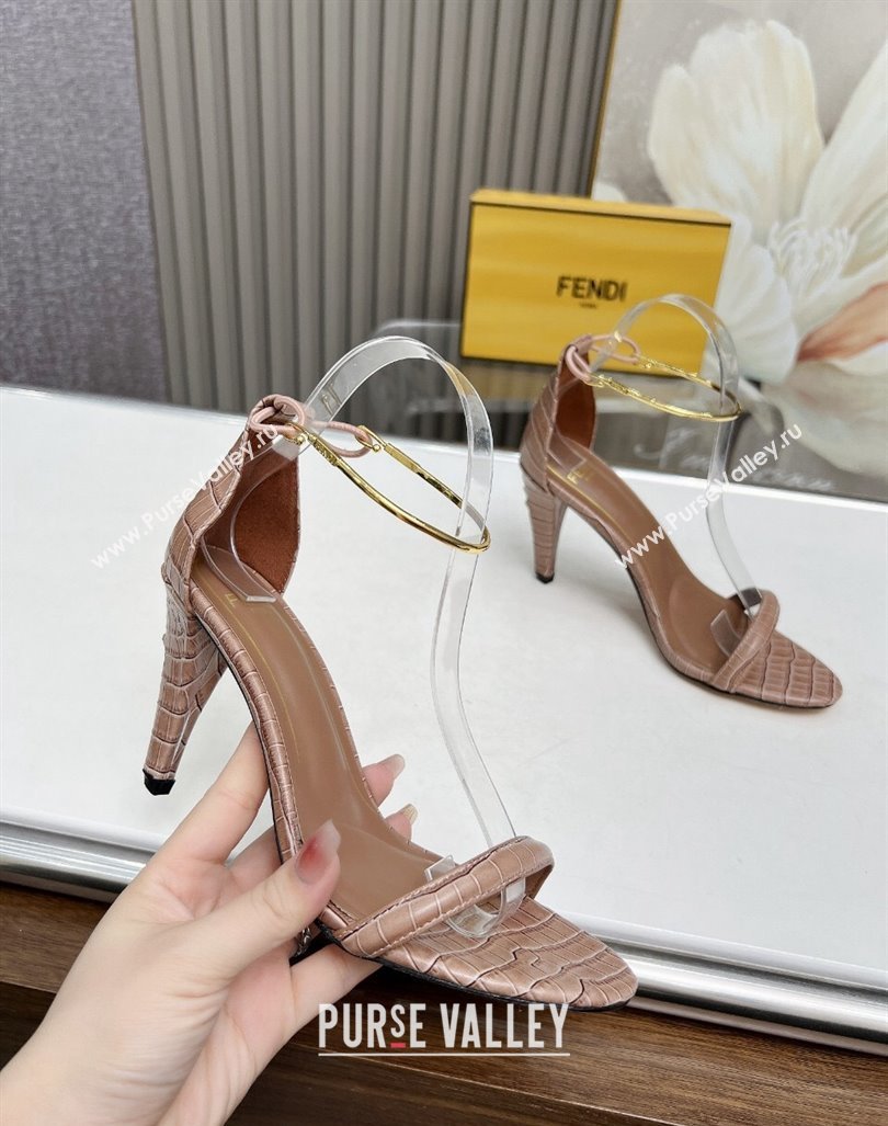 Fendi Filo high-heeled sandals 9cm in stone-Embossed Leather with Anklet Light Brown 2024 (MD-240604161)