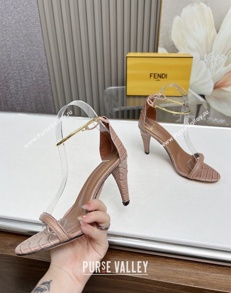 Fendi Filo high-heeled sandals 9cm in stone-Embossed Leather with Anklet Light Brown 2024 (MD-240604161)