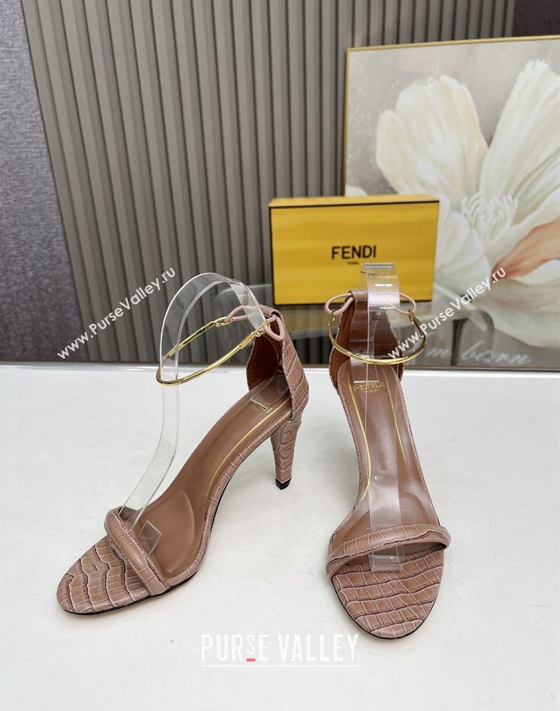 Fendi Filo high-heeled sandals 9cm in stone-Embossed Leather with Anklet Light Brown 2024 (MD-240604161)