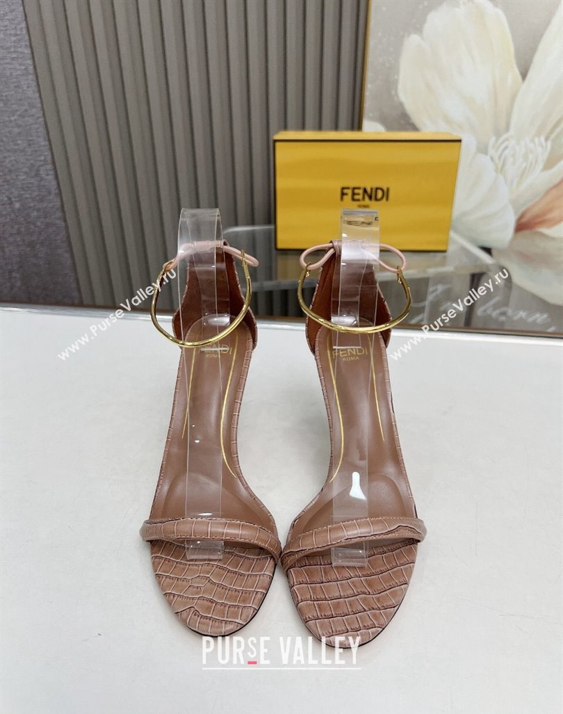 Fendi Filo high-heeled sandals 9cm in stone-Embossed Leather with Anklet Light Brown 2024 (MD-240604161)