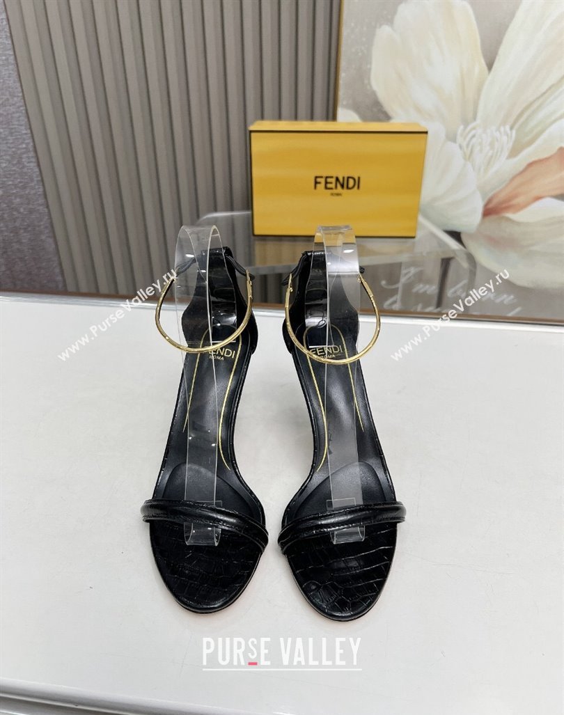 Fendi Filo high-heeled sandals 9cm in stone-Embossed Leather with Anklet Black 2024 (MD-240604162)