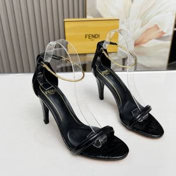 Fendi Filo high-heeled sandals 9cm in stone-Embossed Leather with Anklet Black 2024 (MD-240604162)