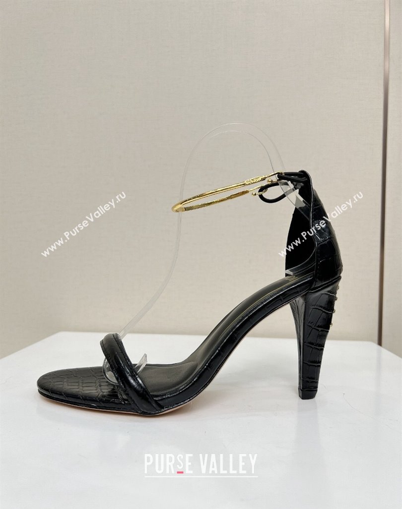 Fendi Filo high-heeled sandals 9cm in stone-Embossed Leather with Anklet Black 2024 (MD-240604162)