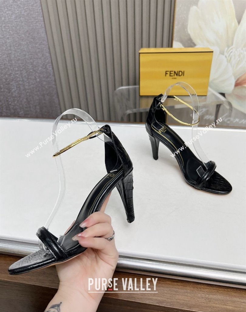 Fendi Filo high-heeled sandals 9cm in stone-Embossed Leather with Anklet Black 2024 (MD-240604162)