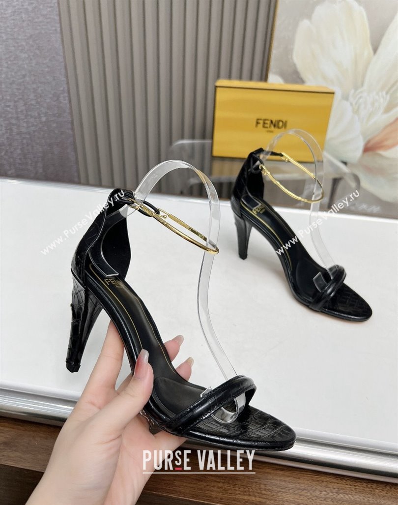 Fendi Filo high-heeled sandals 9cm in stone-Embossed Leather with Anklet Black 2024 (MD-240604162)