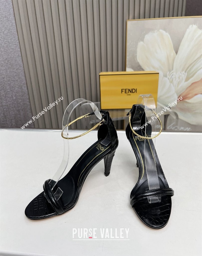 Fendi Filo high-heeled sandals 9cm in stone-Embossed Leather with Anklet Black 2024 (MD-240604162)