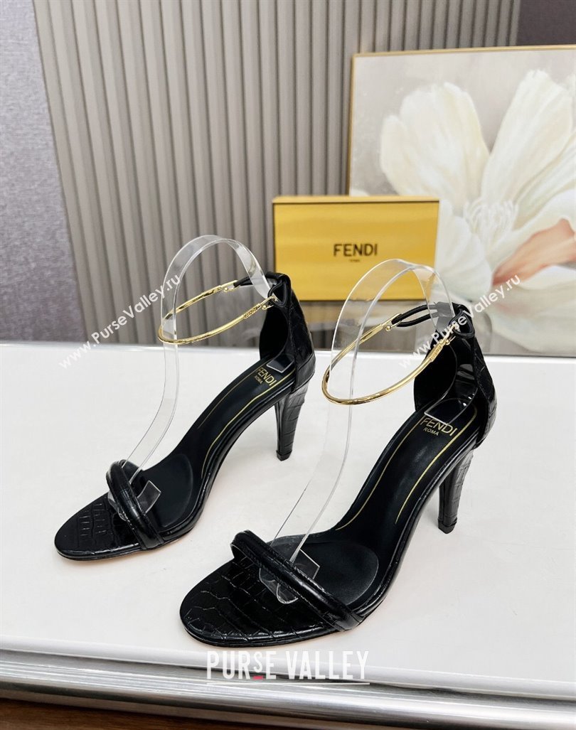 Fendi Filo high-heeled sandals 9cm in stone-Embossed Leather with Anklet Black 2024 (MD-240604162)