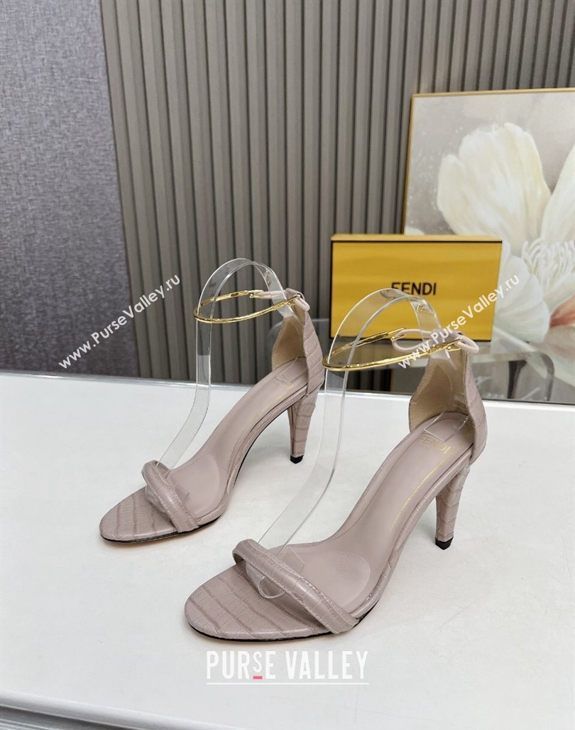 Fendi Filo high-heeled sandals 9cm in stone-Embossed Leather with Anklet Powder Pink 2024 (MD-240604163)