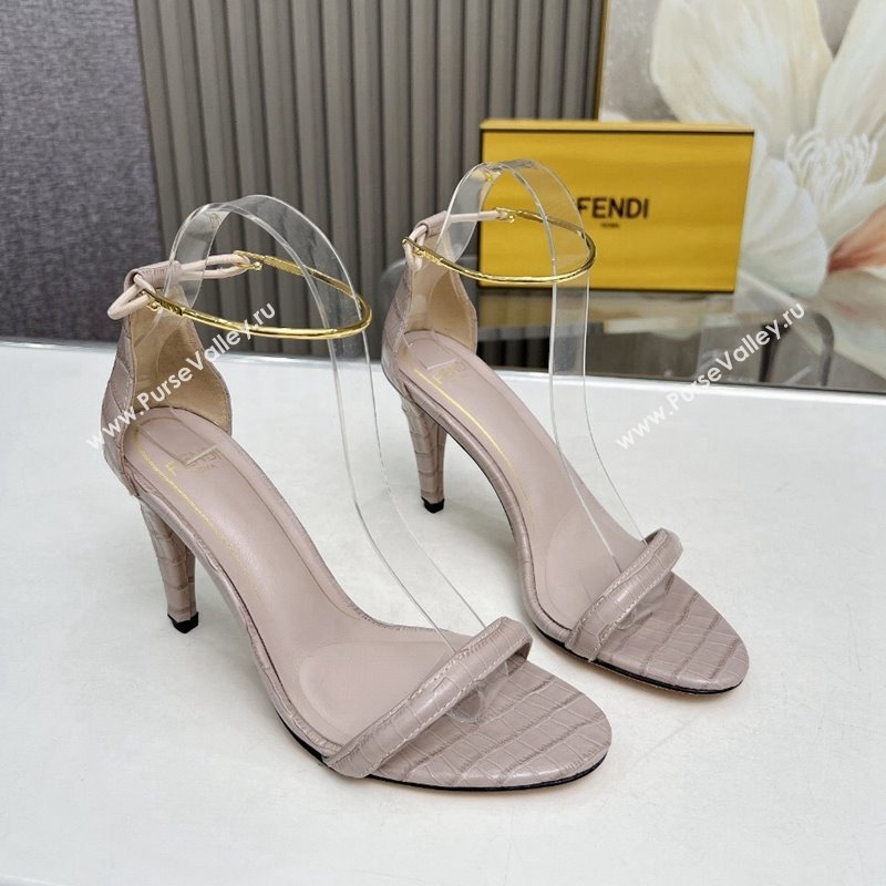 Fendi Filo high-heeled sandals 9cm in stone-Embossed Leather with Anklet Powder Pink 2024 (MD-240604163)