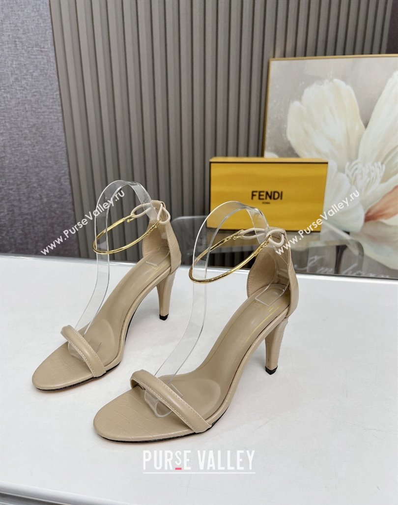 Fendi Filo high-heeled sandals 9cm in stone-Embossed Leather with Anklet Beige 2024 (MD-240604164)