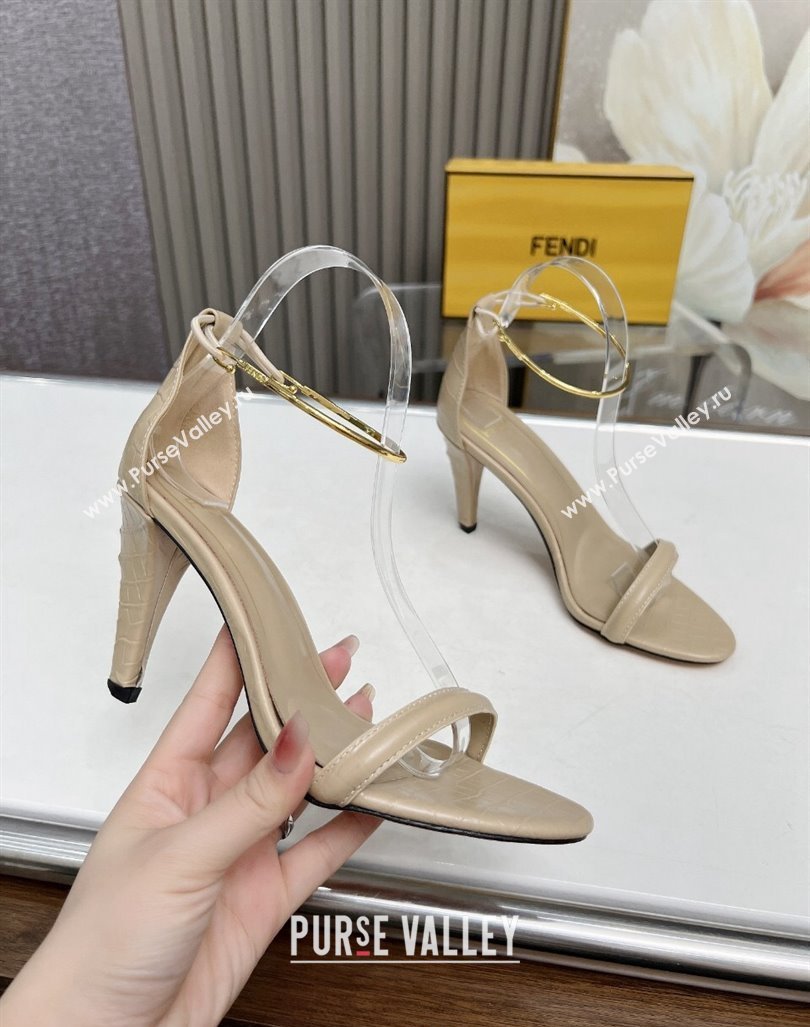 Fendi Filo high-heeled sandals 9cm in stone-Embossed Leather with Anklet Beige 2024 (MD-240604164)