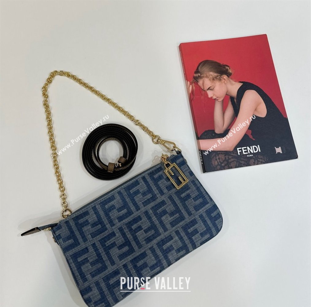 Fendi Baguette Pouch Chain Mini bag in Light Blue FF Denim Fabric 2024 (AFEI-240624096)