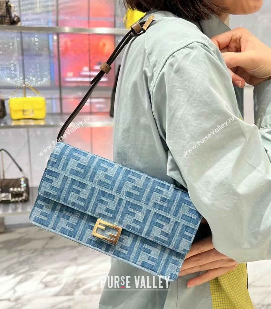 Fendi Wallet On Chain Baguette Mini bag in Light Blue FF Denim Fabric 2024 (AFEI-240624097)