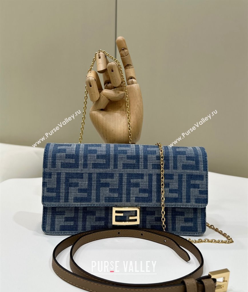 Fendi Wallet On Chain Baguette Mini bag in Light Blue FF Denim Fabric 2024 (AFEI-240624097)