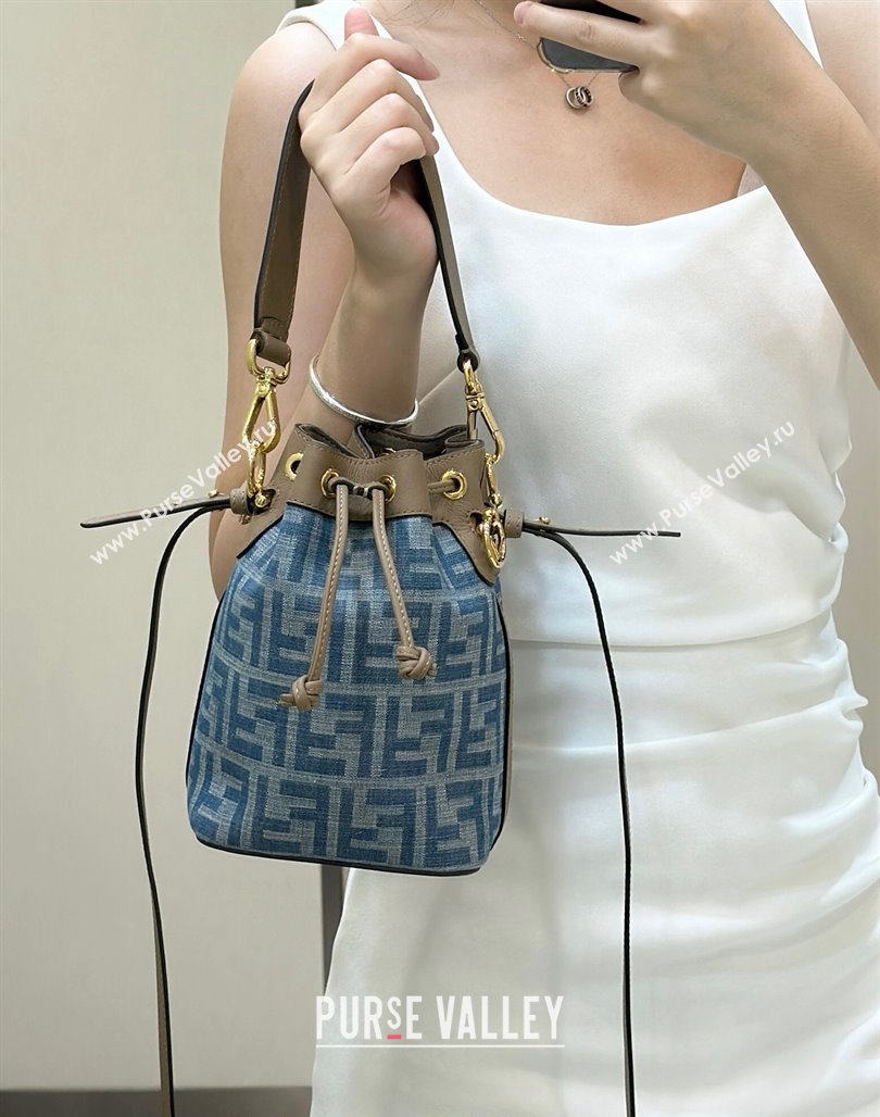 Fendi Mon Tresor Mini Bucket bag in Light Blue FF Denim Fabric 2024 (AFEI-240624101)