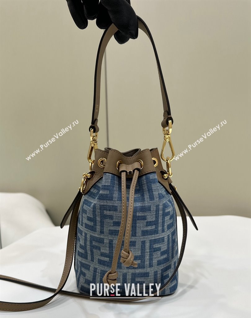 Fendi Mon Tresor Mini Bucket bag in Light Blue FF Denim Fabric 2024 (AFEI-240624101)