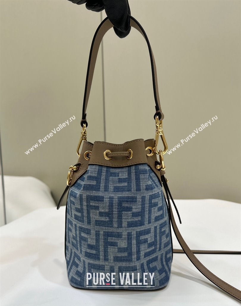 Fendi Mon Tresor Mini Bucket bag in Light Blue FF Denim Fabric 2024 (AFEI-240624101)