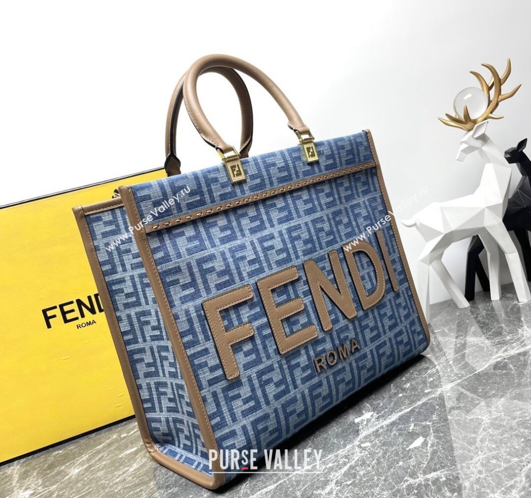 Fendi Sunshine Medium Tote bag in Light Blue FF Denim Fabric 2024 (AFEI-240624099)