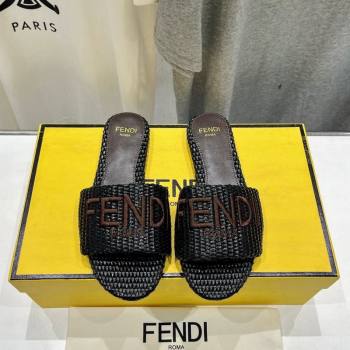 Fendi Signature Flat Slide Sandals in Woven Fiber Black 2024 0702 (MD-240702094)