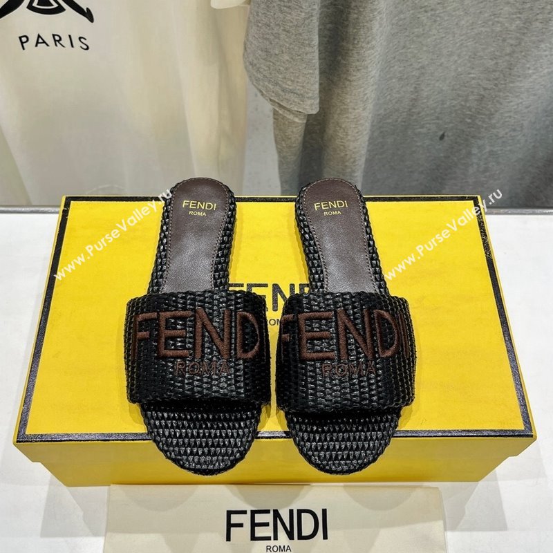 Fendi Signature Flat Slide Sandals in Woven Fiber Black 2024 0702 (MD-240702094)