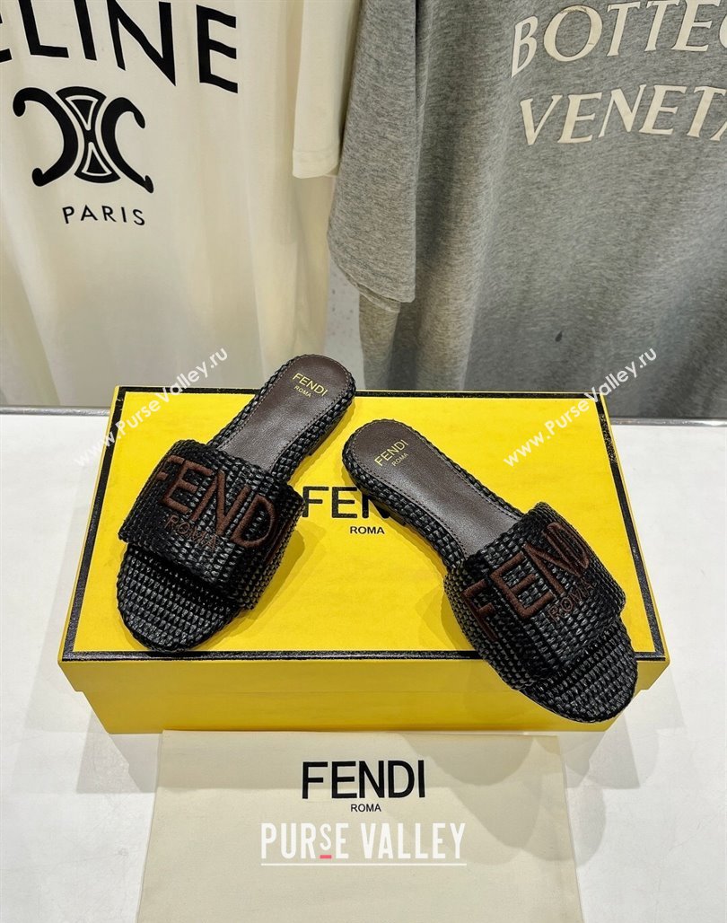 Fendi Signature Flat Slide Sandals in Woven Fiber Black 2024 0702 (MD-240702094)