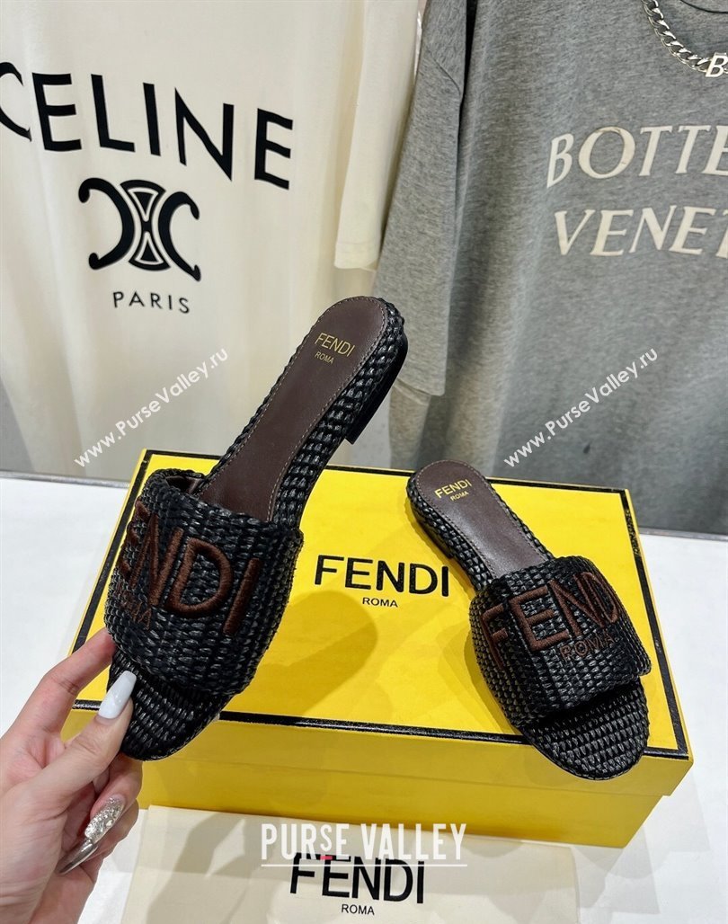 Fendi Signature Flat Slide Sandals in Woven Fiber Black 2024 0702 (MD-240702094)