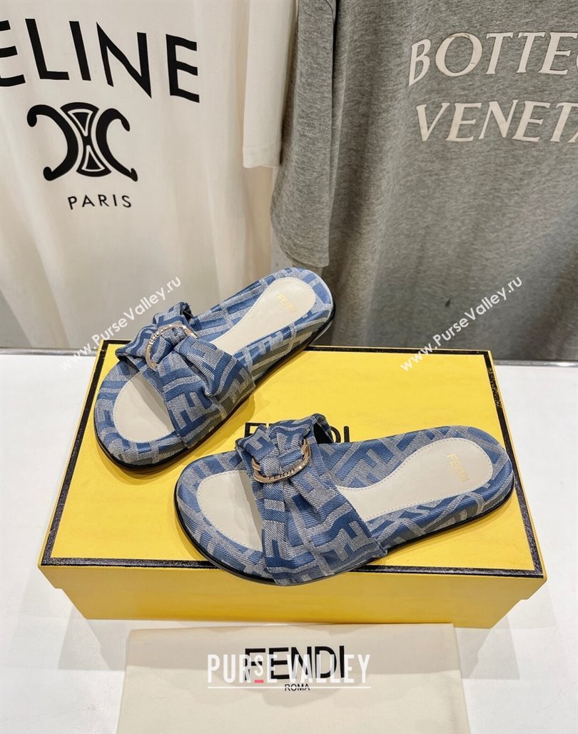 Fendi Feel Flat Slide Sandals in FF jacquard Light Blue 2024 0702 (MD-240702108)