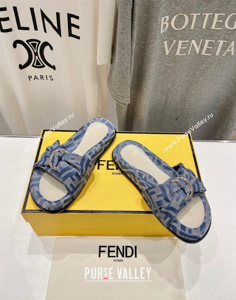 Fendi Feel Flat Slide Sandals in FF jacquard Light Blue 2024 0702 (MD-240702108)