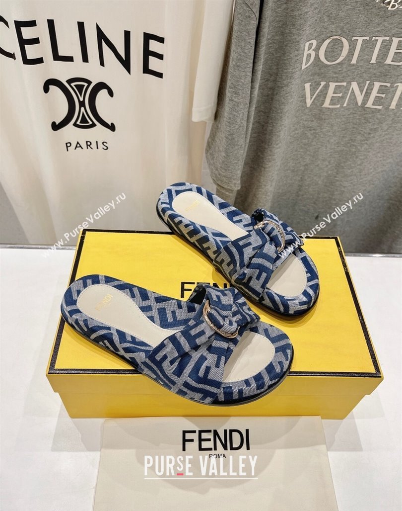 Fendi Feel Flat Slide Sandals in FF jacquard Navy Blue 2024 0702 (MD-240702110)