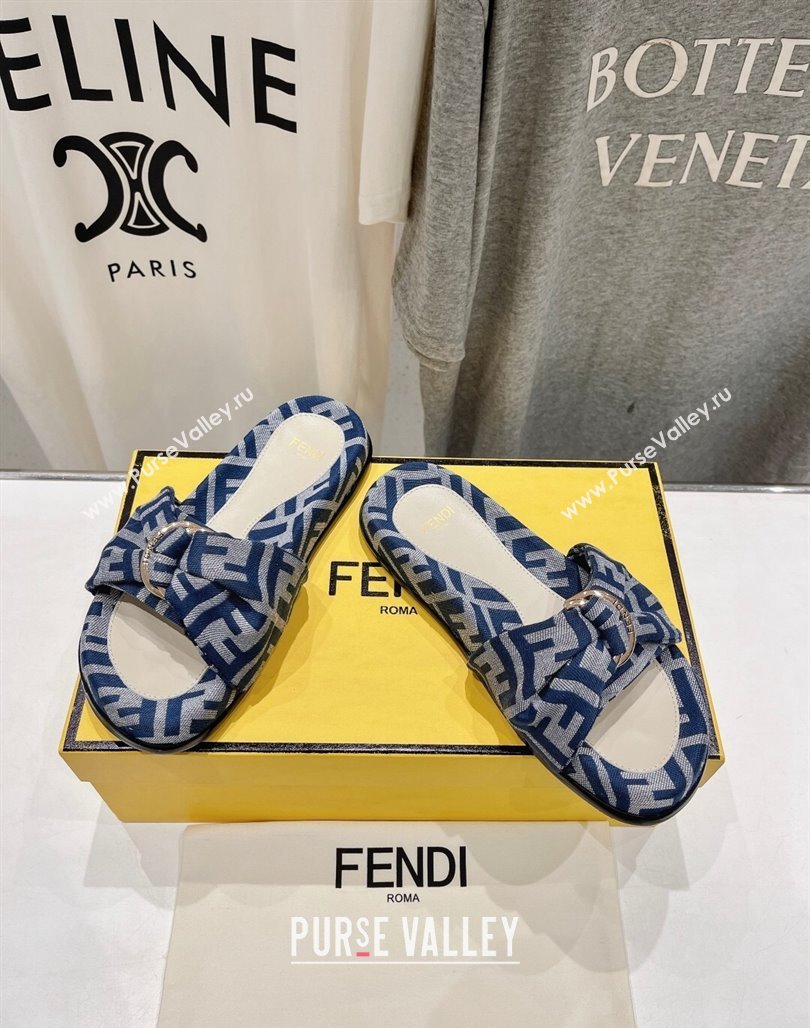 Fendi Feel Flat Slide Sandals in FF jacquard Navy Blue 2024 0702 (MD-240702110)