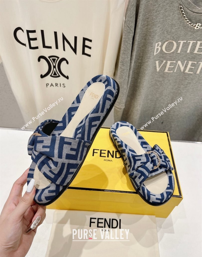 Fendi Feel Flat Slide Sandals in FF jacquard Navy Blue 2024 0702 (MD-240702110)