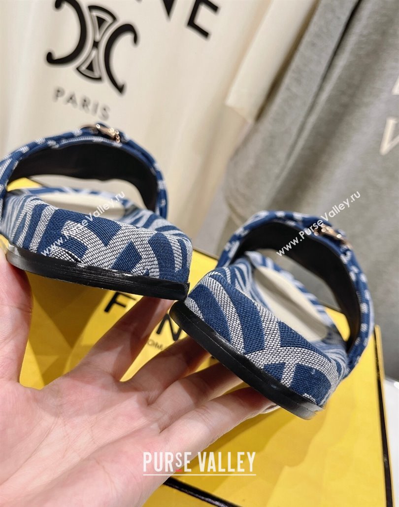 Fendi Feel Flat Slide Sandals in FF jacquard Navy Blue 2024 0702 (MD-240702110)