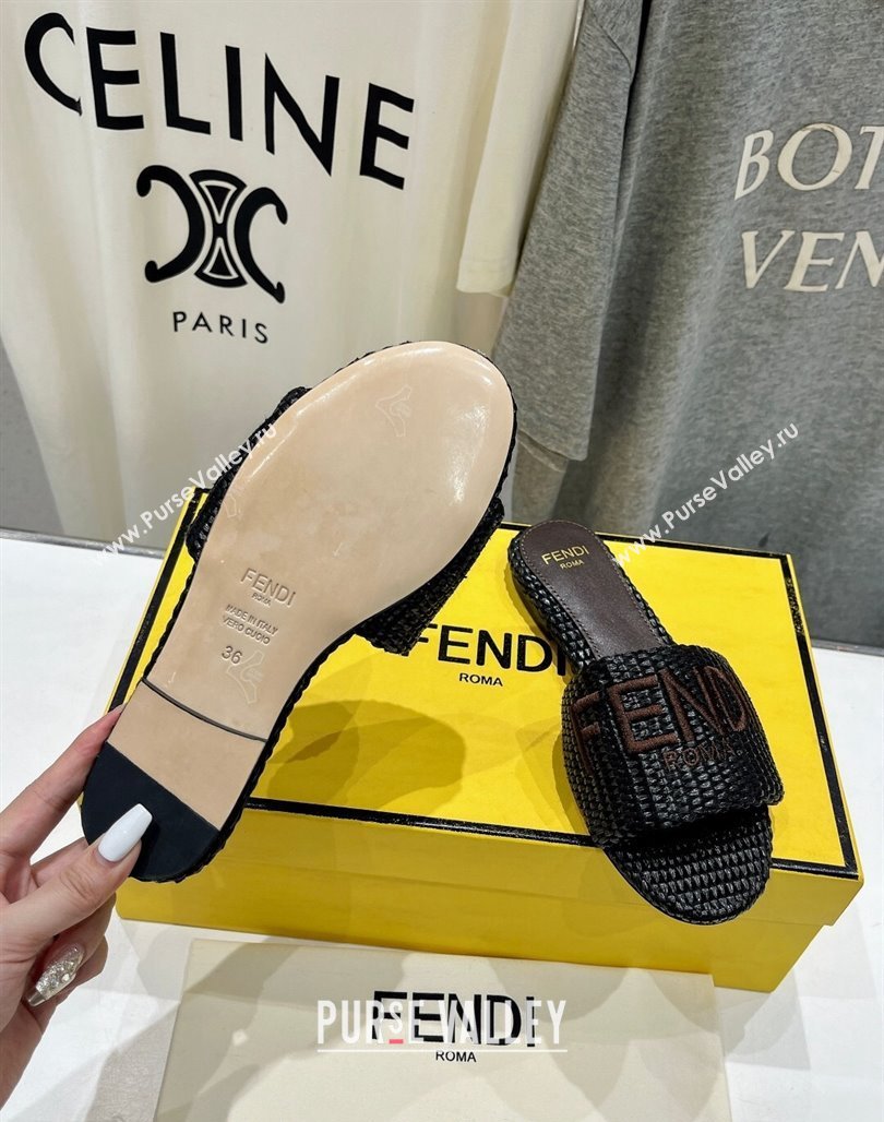 Fendi Signature Flat Slide Sandals in Woven Fiber Black 2024 0702 (MD-240702094)