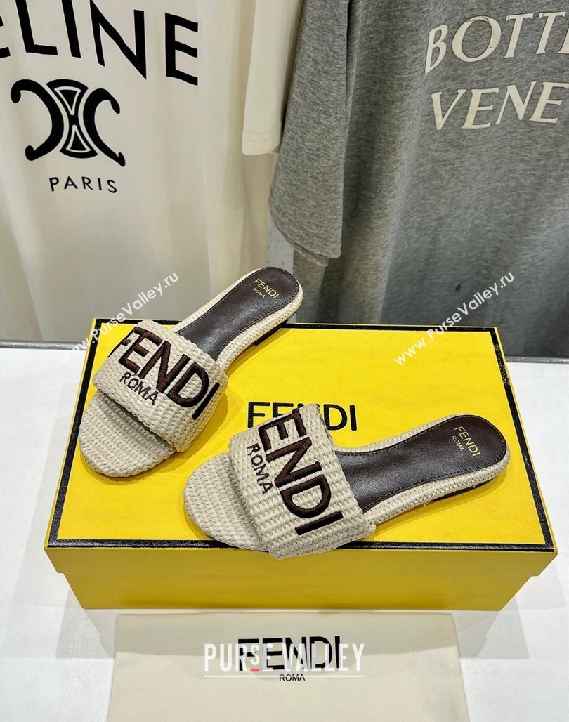 Fendi Signature Flat Slide Sandals in Woven Fiber Beige 2024 0702 (MD-240702095)