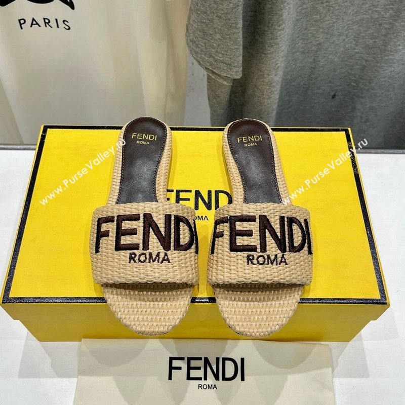 Fendi Signature Flat Slide Sandals in Woven Fiber Khaki 2024 0702 (MD-240702093)